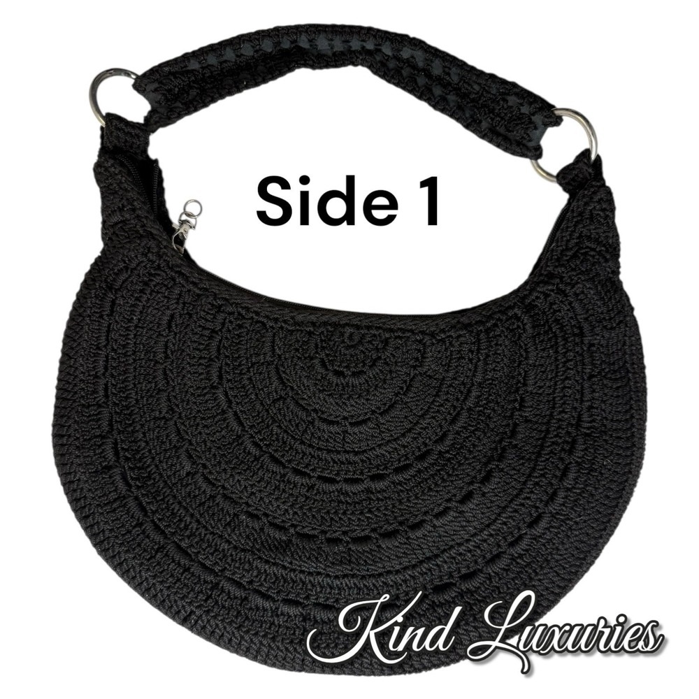 The Sak Hobo Bucket Bag Black Crocheted Shoulder Wide Strap Purse Boho Shopper
